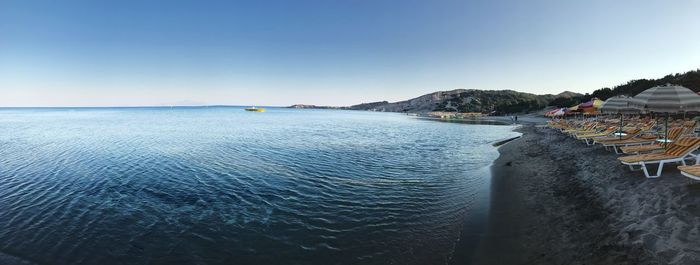 Scenic view of sea against clear blue sky