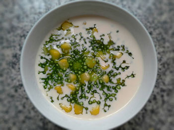 High angle view of soup in bowl on table