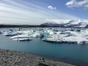 Landscape of glacier lagoon and floating iceberg