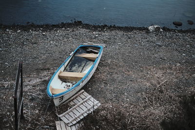 High angle view of boat moored at beach