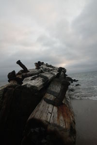 Close-up of rock in sea against sky