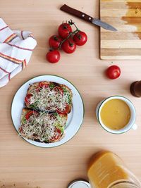 High angle view of breakfast on table