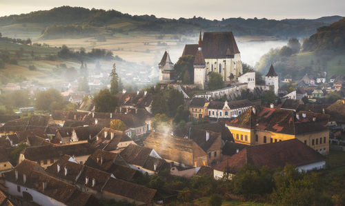 High angle view of buildings in city