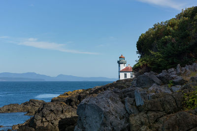 Lighthouse by sea against sky