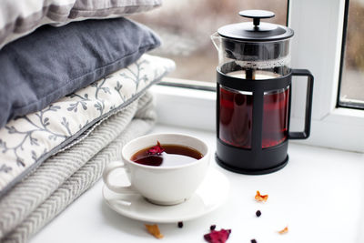 High angle view of coffee on table