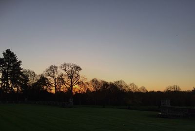 Scenic view of grassy field at sunset