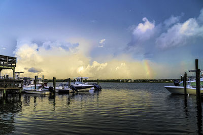 Fishing boats in sea at sunset