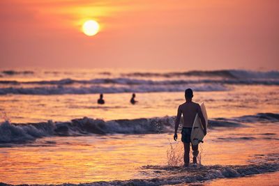 Rear view of man walking in water holding surfboard during sunset