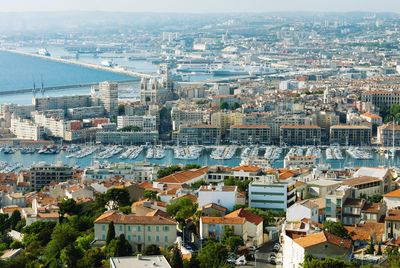 High angle view of buildings in city