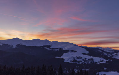 Scenic view of snowcapped mountains against sky during sunset