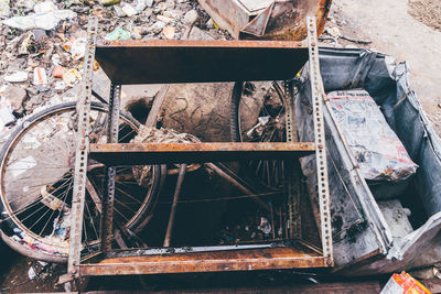 High angle view of rusty wheel