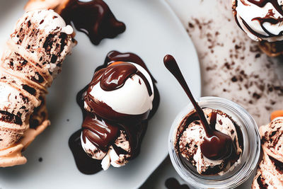 High angle view of dessert on table