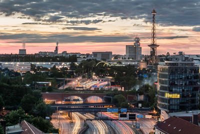 Aerial view of city at sunset