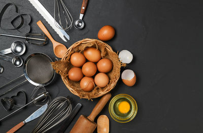 High angle view of eggs in container on table