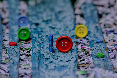 Close-up of sewing items on table