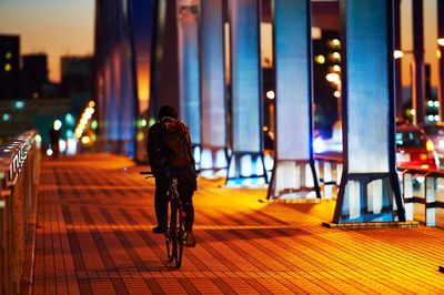 Rear view of man riding bicycle on bridge at night