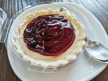 High angle view of dessert in plate on table