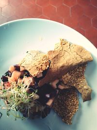 High angle view of breakfast served on table