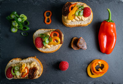 Directly above shot of fruits and vegetables on table