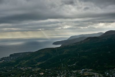 Scenic view of mountains against cloudy sky