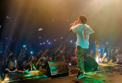 Rear view of people enjoying music concert at night