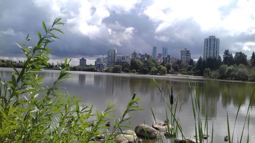 Panoramic view of lake and buildings against sky