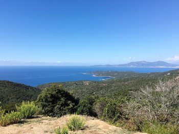 Scenic view of sea against clear blue sky