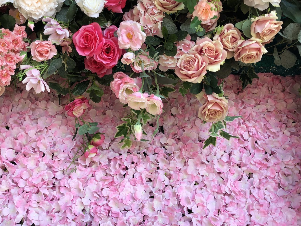 HIGH ANGLE VIEW OF PINK ROSES ON BOUQUET