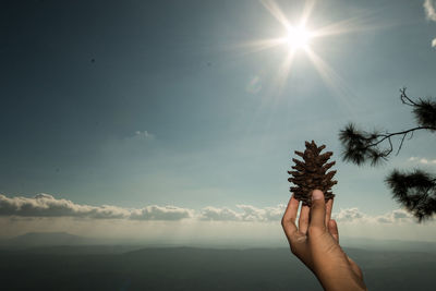 Midsection of woman holding sun against sky