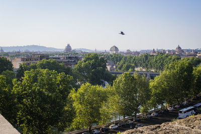 Trees in city against clear sky