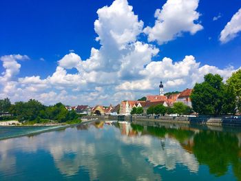 Reflection of buildings and clouds on river