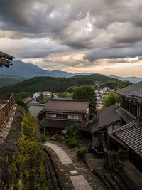 High angle view of buildings in city against sky