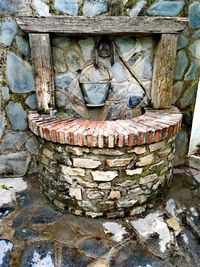 Close-up of old sculpture against wall