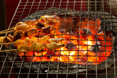 Close-up of meat on barbecue grill