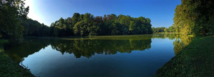 Reflection of trees in lake against sky