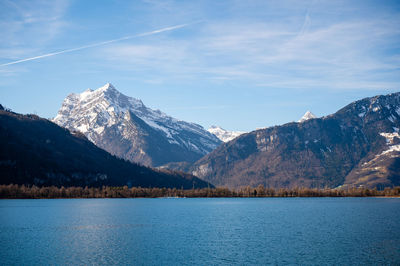 Scenic view of lake and mountains against sky