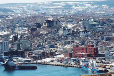 High angle view of buildings in city