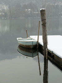 Boat moored in lake against sky