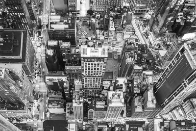 High angle view of city buildings at night