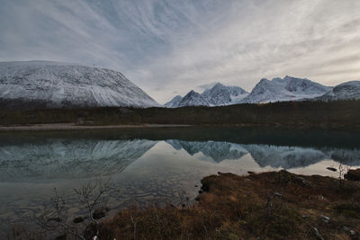 Panorama view of the lake aspevatnet in svensby, norway.