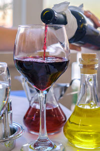 Close-up of person glass bottle on table