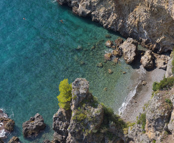 High angle view of rocky shore by sea