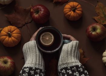 High angle view of pumpkins on table