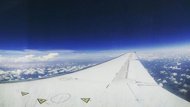 sky, copy space, blue, airplane, landscape, transportation, white color, aerial view, air vehicle, scenics, nature, flying, day, no people, clear sky, beauty in nature, cloud - sky, tranquility, white, winter