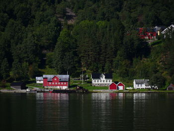 Scenic view of lake by trees and building