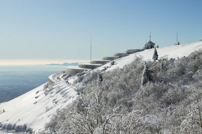 Scenic view of sea against clear sky during winter