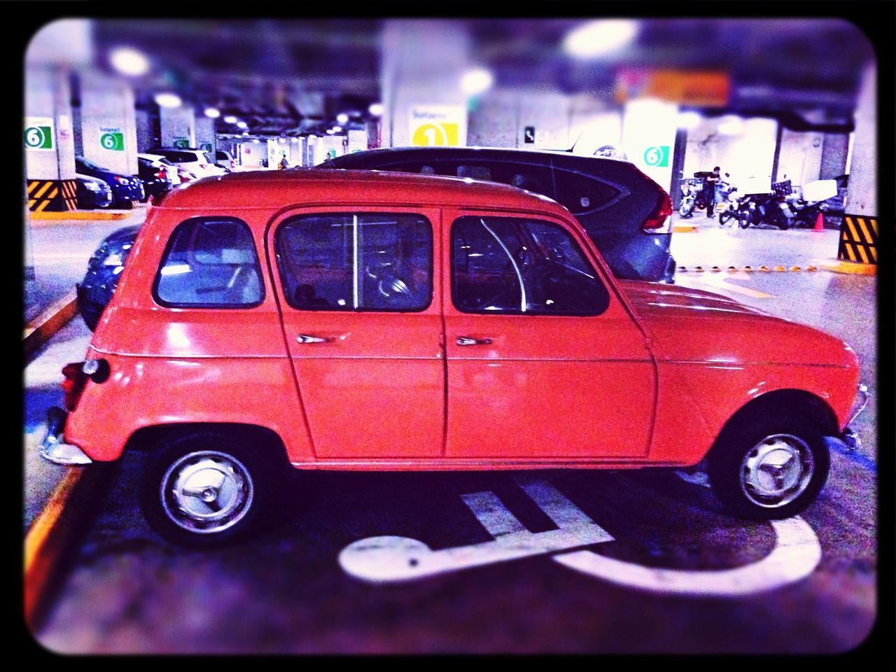 transfer print, transportation, land vehicle, car, mode of transport, auto post production filter, street, close-up, travel, outdoors, focus on foreground, stationary, vintage car, day, vehicle, red, road, selective focus, retro styled, no people