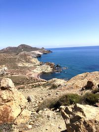 Scenic view of sea against clear blue sky