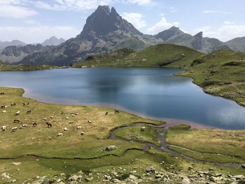 Scenic view of lake and mountains against sky