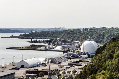 High angle view of city against clear sky